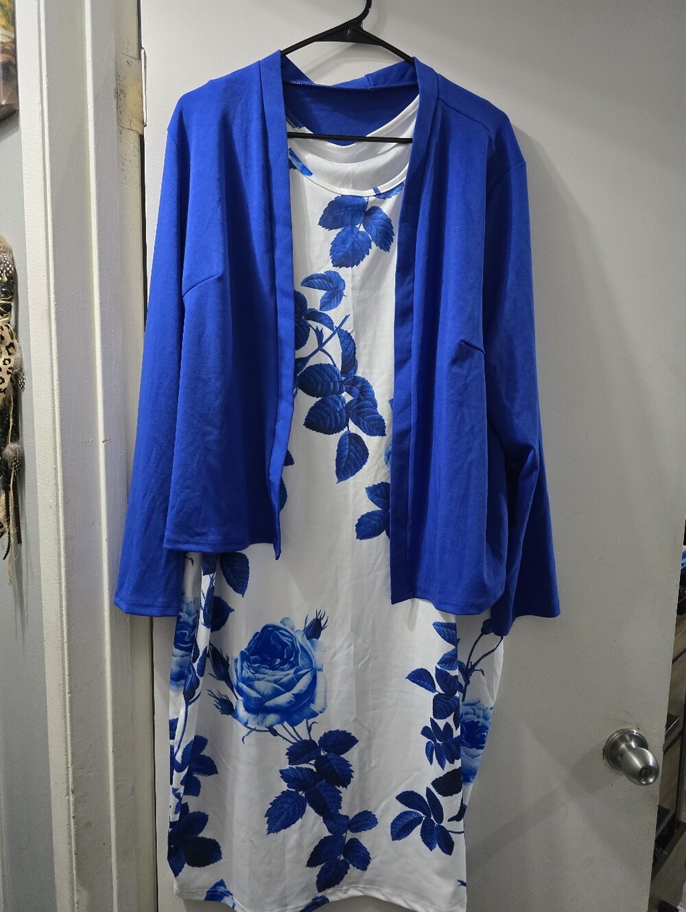 SHEIN White Dress with Blue Floral Print and Royal Blue Cardigan